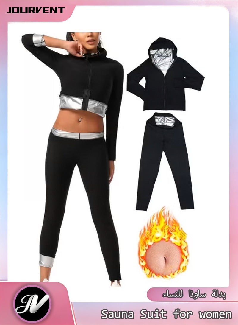 Jourvent Women's sauna suit, quick-drying and shaping, compression sweat-wicking sportswear, hooded zippered women's sauna sportswear set (including top and pants). - Image 1